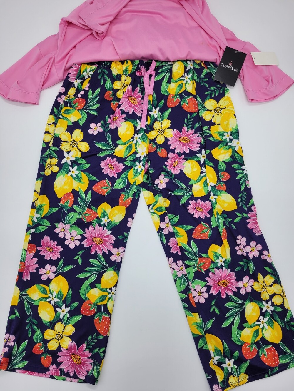 Cuddl Duds Pajama Set Capri Pockets Pink Yellow Lemon Floral 2pc Headband NEW - Picture 5 of 8